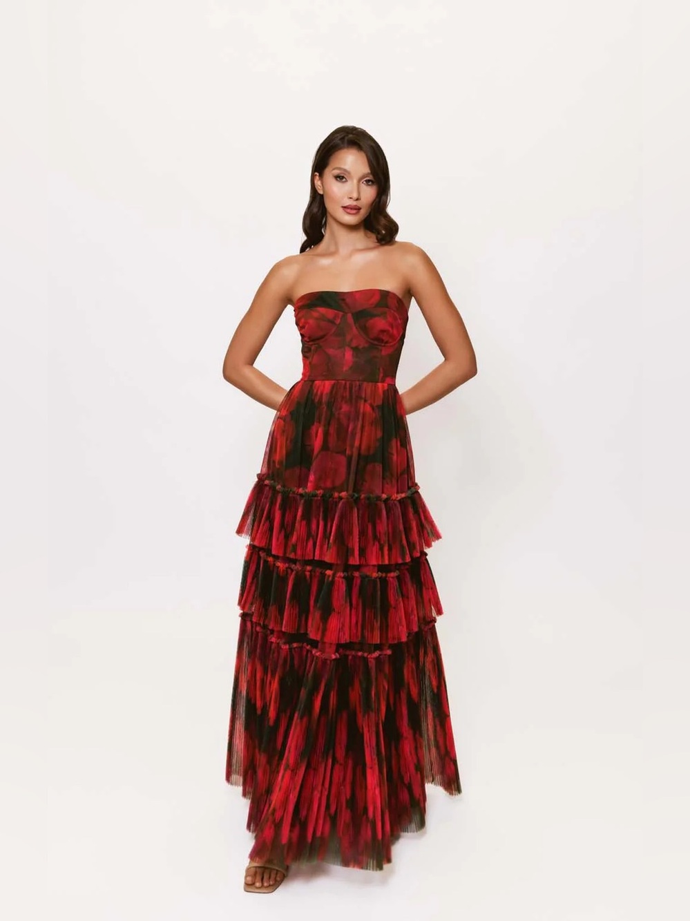 Hutch Isabella Strapless Red and Black Tiered Ruffle Gown - Picture 2 of 8